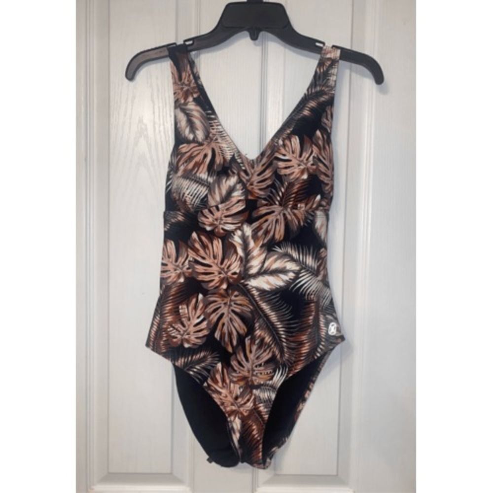 Hurley One Piece Swim Suit S/P Scattered Palm" V-Neck Crisscross Back Upf 50